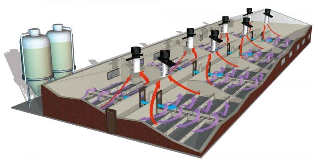 If animals are housed in sections, Fancom's NatuFlow system offers the perfect solution. Correct ventilation levels are achieved though air speed measurement using the ATM air measurement and control units. Fans are only activated if there is too little natural ventilation. This ensures there is always enough fresh air for your animals using the minimum amount of energy.